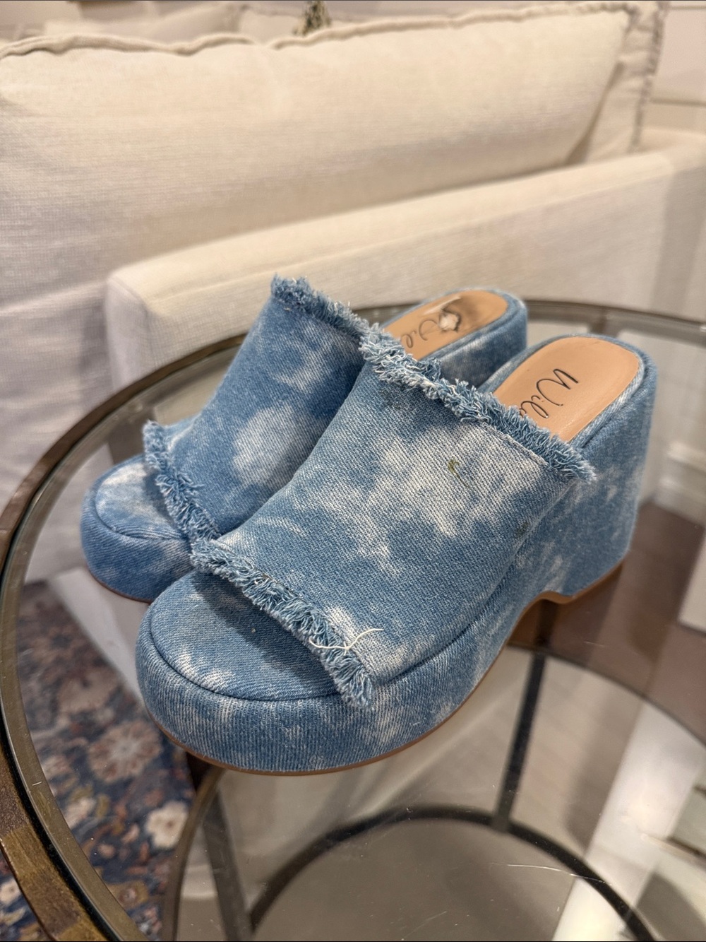 Wild Pair Light Blue Denim Frayed Platform Mules